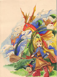 Rule 34 | 1girl, ashiong, belt, bird, blonde hair, blue eyes, boots, broom, cat, chicken, cloud, dragon, closed eyes, fairy, fantasy, forest, gloves, green eyes, hat, headband, leaf, long hair, mountain, nature, one eye closed, original, plant, shawl, skirt, sky, smile, star (symbol), traditional media, wings, wink, witch hat