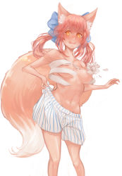Rule 34 | 10s, 1girl, absurdres, animal ears, blush, breasts, demstouts, fate/extella, fate/extra, fate (series), fox ears, fox tail, highres, official alternate costume, open mouth, orange eyes, pink hair, simple background, solo, tail, tamamo no mae (fate/extra), tears, topless, torn clothes, wardrobe malfunction