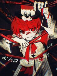 Rule 34 | 1boy, asymmetrical clothes, asymmetrical coat, bandaid, bandaid on face, bandaid on nose, closed mouth, coat, colored eyepatch, dated, english text, eyepatch, fukase, glitch, hair between eyes, hat, highres, holding, limited palette, looking at viewer, male focus, messy hair, pale skin, red eyes, red hair, ryuh (asahina neru), smile, solo, top hat, vocaloid, white coat