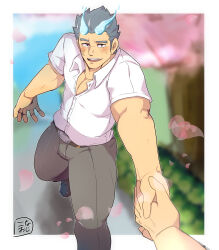 Rule 34 | 1boy, absurdres, bara, black footwear, blue fire, blue hair, blurry, blurry background, blush, cherry blossoms, facial scar, falling petals, fiery horns, fire, forked eyebrows, grey pants, hair slicked back, highres, holding hands, horns, konaoji (connersublow), loafers, looking at another, male focus, muscular, muscular male, pants, pectoral cleavage, pectorals, petals, pov, pov hands, sakimori toji, scar, scar on cheek, scar on face, shirt, shoes, short hair, sideburns, thick eyebrows, tokyo houkago summoners, white shirt