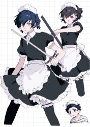 Rule 34 | 1girl, 2boys, :o, ?, apron, back bow, black dress, black hair, blue eyes, blue hair, bow, collared dress, cropped legs, crossdressing, dress, frilled apron, frilled thighhighs, frills, grey eyes, grid background, hair between eyes, highres, holding, holding polearm, holding sword, holding weapon, m0rtalcoil0, maid, maid apron, maid headdress, male maid, mole, mole under mouth, multiple boys, official alternate costume, persona, persona 3, persona 3: dancing moon night, persona 3 portable, persona dancing, pharos, polearm, ponytail, puffy short sleeves, puffy sleeves, red eyes, shiomi kotone, shirt, short sleeves, short twintails, simple background, striped clothes, striped shirt, sword, thighhighs, twintails, weapon, white apron, white background, wing collar, yuuki makoto (persona 3)