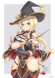 Rule 34 | 1girl, absurdres, bare shoulders, black hat, blonde hair, blue eyes, blush, book, breasts, cleavage, clothing request, collarbone, commentary, grey background, hair between eyes, hat, highres, holding, holding book, holding wand, large breasts, miso (b7669726), original, revealing clothes, simple background, smile, solo, two-tone headwear, wand, white background, witch hat