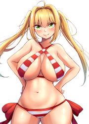 Rule 34 | 1girl, ahoge, bikini, blonde hair, blush, breasts, cleavage, fate/grand order, fate (series), green eyes, hands on own hips, highres, huge breasts, large breasts, long hair, looking at viewer, mistynight, navel, nero claudius (fate), nero claudius (fate) (all), nero claudius (fate/extra), nero claudius (swimsuit caster) (fate), simple background, smile, solo, standing, striped bikini, striped clothes, swimsuit, twintails, white background, wide hips