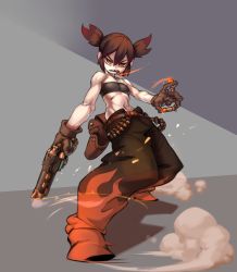 Rule 34 | 1girl, baggy pants, bandolier, bare shoulders, belt pouch, between fingers, black gloves, black hair, breasts, bullet, dust cloud, finger on trigger, flame print, full body, gloves, gun, handcannon, handgun, highres, holding, holding gun, holding weapon, holster, kelvin hiu, looking at viewer, midriff, mouth hold, navel, orange eyes, original, pale skin, pants, pouch, revolver, short twintails, small breasts, solo, strapless, toned, tooth gap, tube top, twintails, weapon