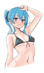 Rule 34 | 1girl, arm up, armpits, bikini, black bikini, blue eyes, blue hair, blue nails, bracelet, breasts, closed mouth, cropped torso, earrings, hatsanxp, highres, hololive, hoshimachi suisei, jewelry, navel, side ponytail, small breasts, smile, solo, star (symbol), star in eye, stomach, swimsuit, symbol in eye, unfinished, virtual youtuber