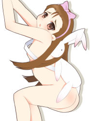 Rule 34 | 00s, 1girl, :o, armpits, arms up, ass, backpack, bag, blush, bow, brown hair, from side, hair bow, hairband, idolmaster, idolmaster (classic), idolmaster 1, kneepits, kurappii, long hair, looking at viewer, looking to the side, minase iori, nude, open mouth, pink bow, red eyes, simple background, solo, very long hair, white background