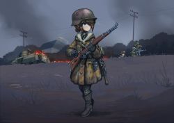 Rule 34 | 3girls, absurdres, ammunition pouch, assault rifle, binoculars, black footwear, black gloves, blue eyes, bolt action, boots, brown hair, building, bush, camouflage, camouflage coat, casing ejection, coat, combat helmet, commission, entrenching tool, erica (naze1940), explosive, fire, full body, fur trim, gloves, green pants, grenade, grey sky, gun, hair over one eye, helmet, highres, holding, holding weapon, long sleeves, m8 greyhound, mauser 98, medium hair, military, military coat, military uniform, multiple girls, original, outdoors, pants, pouch, power lines, rifle, shell casing, sky, smoke, solo focus, stahlhelm, standing, stg44, uniform, weapon, world war ii