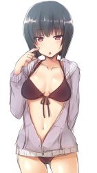 Rule 34 | 1girl, :o, bikini, black bikini, black hair, blush, bob cut, breasts, collarbone, commentary, cowboy shot, front-tie bikini top, front-tie top, gluteal fold, grey jacket, hair between eyes, hand up, hood, hood down, hooded jacket, jacket, medium breasts, nagami yuu, navel, open clothes, open jacket, original, parted lips, purple eyes, short hair, simple background, solo, swimsuit, white background