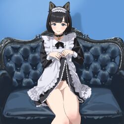 Rule 34 | 1girl, absurdres, animal ears, apron, black bow, black bowtie, black collar, black dress, black hair, black ribbon, blue background, blue eyes, blunt bangs, blunt ends, blush, bow, bowtie, closed mouth, clothes lift, collar, collared dress, couch, dress, dress lift, extra ears, eyebrows hidden by hair, frilled apron, frills, hands up, heart-shaped lock, highres, hiramedousa, lace, lace-trimmed dress, lace trim, legs together, lifted by self, light smile, long sleeves, looking at viewer, maid, maid apron, maid headdress, no panties, on couch, original, ribbon, short hair, sitting, solo, white apron