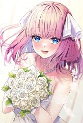 Rule 34 | 1girl, :d, backlighting, bare shoulders, blue eyes, blunt bangs, blush, bouquet, butterfly hair ornament, collarbone, dress, flower, go-toubun no hanayome, hair ornament, happy, highres, holding, holding bouquet, jewelry, lace, looking at viewer, nakano nino, necklace, open mouth, pearl necklace, petals, pink hair, primamiya, raised eyebrows, ribbon, simple background, smile, sunlight, twintails, wedding dress, white dress, white ribbon
