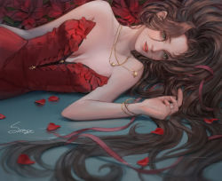 Rule 34 | 1girl, aerith gainsborough, aerith gainsborough (red dress), bangle, bracelet, breasts, brown hair, cleavage, dress, final fantasy, final fantasy vii, final fantasy vii remake, flower, green eyes, hair down, hair ribbon, highres, jewelry, lips, long hair, looking at viewer, lying, makeup, necklace, pale skin, parted lips, petals, red dress, ribbon, sleeveless, sleeveless dress, solo, srasa, strapless, strapless dress, teeth, wall market