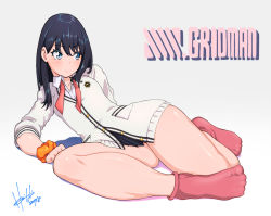 Rule 34 | 10s, 1girl, artist name, black hair, blue eyes, blush, breasts, cardigan, commentary request, copyright name, gradient background, gridman universe, hori shin, long hair, long sleeves, looking at viewer, looking to the side, lying, on side, pink footwear, school uniform, shiny skin, shirt, skirt, small breasts, smile, socks, solo, ssss.gridman, takarada rikka, thick thighs, thighs, white shirt