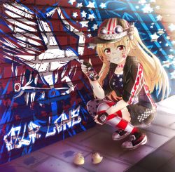 Rule 34 | american flag, american flag jacket, american flag print, american flag shirt, azur lane, bandaid, bandaid on face, bandaid on nose, blonde hair, cleveland (azur lane), clothing request, collar, commentary request, copyright name, eyewear on headwear, flag print, graffiti, hair ornament, hat, highres, hood, hoodie, long hair, looking at viewer, open clothes, open hoodie, paint, paint on body, painting (object), print jacket, print shirt, red eyes, shirt, shorts, smile, solo, squatting, star and stripes clothes, thighhighs, zweihanderdraws