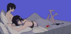 Rule 34 | 1boy, 1girl, barefoot, bed sheet, black bra, black hair, blue background, bra, breasts, chainsaw man, cigarette, cigarette pack, collarbone, commentary request, earrings, ebanoniwa, full body, green eyes, grin, hair between eyes, hair over one eye, hayakawa aki, highres, himeno (chainsaw man), jewelry, knee up, lighter, long bangs, looking down, lying, medium hair, mouth hold, nail polish, no panties, on bed, on stomach, open mouth, panties, unworn panties, pillow, red nails, short hair, sidelocks, simple background, sitting, small breasts, smile, stud earrings, teeth, topless male, underwear, zippo lighter