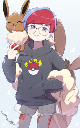 Rule 34 | 1girl, absurdres, backpack, bag, blue hair, brown bag, closed mouth, commentary request, creatures (company), eevee, game freak, gen 1 pokemon, glasses, grey eyes, hand in pocket, hand up, highres, holding, holding poke ball, hood, hoodie, looking at viewer, multicolored hair, nintendo, on shoulder, pantyhose, penny (pokemon), poke ball, poke ball (basic), poke ball print, pokemon, pokemon (creature), pokemon on shoulder, pokemon sv, print pantyhose, red hair, round eyewear, see-through, see-through skirt, shorts, shorts under skirt, skirt, surumeika (ninfiiiir), two-tone hair