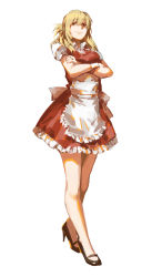 Rule 34 | 1girl, absurdres, apron, black footwear, blonde hair, closed mouth, copyright request, crossed arms, dress, full body, high heels, highres, looking at viewer, maid, mary janes, puffy short sleeves, puffy sleeves, red dress, red eyes, ruukii drift, shoes, short sleeves, simple background, smile, solo, standing, white apron, white background, wristband