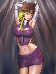 Rule 34 | 1girl, 6fu (11madhouse), aged up, alternate breast size, armpits, arms up, bad id, bad pixiv id, blonde hair, breasts, cleavage, cleavage cutout, clothing cutout, elbow gloves, female focus, gloves, hat, highres, large breasts, midriff, miniskirt, moriya suwako, navel, rokusyaku under, skirt, solo, touhou, white gloves, yellow eyes