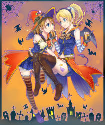 Rule 34 | 10s, 2girls, ayase eli, bat (animal), blonde hair, blue eyes, bug, costume, cupcake, eating, eye contact, food, food on face, halloween, hat, kosaka honoka, long hair, looking at another, love live!, love live! school idol festival, love live! school idol project, multiple girls, ponytail, short hair, skirt, spider, striped clothes, striped legwear, striped thighhighs, suganemui, thighhighs, witch hat