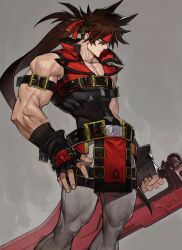 Rule 34 | 1boy, absurdres, black gloves, brown hair, cowboy shot, fingerless gloves, gloves, grey background, guilty gear, headband, highres, holding, holding sword, holding weapon, long hair, p (pm 611a), pants, red headband, red vest, simple background, sol badguy, solo, sword, vest, weapon, white pants