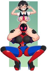 Rule 34 | 2girls, braid, clothes lift, double v, heart, highleg, highres, marvel, multiple girls, non-web source, one eye closed, peni parker, robot, school uniform, shirt lift, sp//dr, spider-man: into the spider-verse, spider-man (series), spider-verse, squatting, teeth, thick thighs, thighs, v, wrenzephyr
