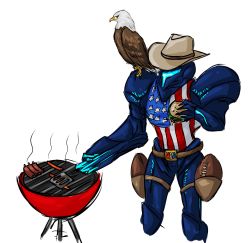 Rule 34 | &#039;murica, american flag, american football, american football (object), arm cannon, armor, bad anatomy, bald eagle, ball, bird, blue armor, brown hat, burger, clone, cooking, cowboy hat, cryophase, dark samus, eagle, food, grill, grilling, hat, highres, metroid, metroid prime, neon trim, nintendo, ribs (food), solo, spatula, weapon
