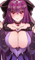 Rule 34 | 1girl, blush, bow, breasts, choker, cleavage, cleavage cutout, clothing cutout, fate/grand order, fate (series), feather trim, fur trim, hair between eyes, hair bow, headpiece, highres, large breasts, looking at viewer, masini-mashini615, purple hair, red eyes, scathach (fate), scathach skadi (fate), scathach skadi (second ascension) (fate), smile, solo, tiara