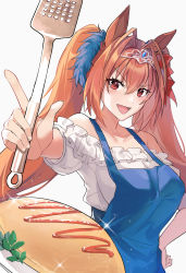 Rule 34 | 1girl, akitsuki (oenothera), animal ears, apron, bare shoulders, blue apron, breasts, brown hair, collarbone, daiwa scarlet (umamusume), ear ornament, food, frilled shirt, frills, hair intakes, hand on own hip, highres, holding, holding spatula, horse ears, horse girl, ketchup, large breasts, long hair, off shoulder, omelet, omurice, open mouth, red eyes, shirt, simple background, solo, sparkle, spatula, tiara, twintails, umamusume, upper body, white background