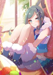 Rule 34 | 1girl, arm warmers, blue footwear, blush, boots, closed mouth, commentary request, creatures (company), eyelashes, game freak, green eyes, green hair, hair ornament, hairpin, highres, hugging own legs, indoors, lisia (pokemon), long hair, looking at viewer, nintendo, pokemon, pokemon oras, shirt, shorts, shorts under skirt, showgirl skirt, sidelocks, sitting, sleeveless, sleeveless shirt, smile, solo, split mouth, ssn (sasa8u9r), window