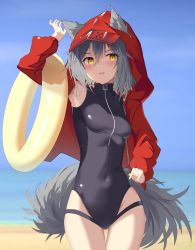 Rule 34 | 1girl, absurdres, animal ears, arknights, arm up, armpits, beach, black one-piece swimsuit, blue sky, blush, breasts, casual one-piece swimsuit, covered navel, cowboy shot, day, ears through headwear, grey hair, highres, hood, hood up, hooded jacket, innertube, jacket, long sleeves, looking at viewer, ocean, official alternate costume, one-piece swimsuit, open mouth, outdoors, projekt red (arknights), projekt red (light breeze) (arknights), pu ht, red jacket, short hair, sky, small breasts, solo, swim ring, swimsuit, tail, thigh gap, unzipped, v-shaped eyebrows, wolf ears, wolf girl, wolf tail, yellow eyes