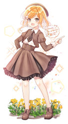 Rule 34 | 1girl, 723/nanahumi, :d, bad id, bad pixiv id, beret, black neckwear, blush, bow, brown footwear, brown hair, brown hat, brown jacket, brown skirt, collared shirt, commentary request, dress shirt, flower, full body, grey eyes, hair bow, hat, highres, index finger raised, jacket, juliet sleeves, long sleeves, looking at viewer, open mouth, original, pixiv id, pleated skirt, puffy sleeves, romaji commentary, shirt, shoes, skirt, smile, solo, sparkle, standing, swept bangs, twitter username, white background, white bow, white shirt, yellow flower