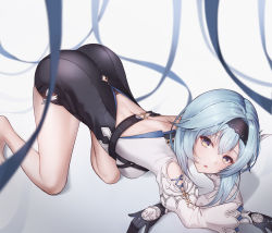 Rule 34 | 1girl, absurdres, ass, back, back cutout, barefoot, belt, black gloves, black leotard, blue hair, blue ribbon, blurry, breasts, cjw01, clothing cutout, depth of field, eula (genshin impact), genshin impact, gloves, hairband, highres, juliet sleeves, leotard, long sleeves, looking at viewer, medium breasts, medium hair, parted lips, puffy sleeves, purple eyes, ribbon, shirt, thighs, top-down bottom-up, white background, white shirt