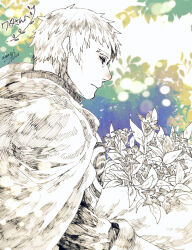 Rule 34 | 1boy, bouquet, cape, character request, chrono cross, closed mouth, commentary request, dated, expressionless, flower, gloves, greyscale with colored background, holding, holding bouquet, male focus, shirt, short hair, signature, solo, tokio (okt0w0), upper body
