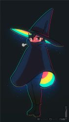 Rule 34 | 1girl, black cloak, black hair, cape, cloak, copyright request, covered mouth, dark background, full body, gradient eyes, hat, highres, instagram username, jitome, light particles, loen, looking at viewer, multicolored eyes, purple eyes, rainbow order, short hair, sigh, solo, standing, swept bangs, thighhighs, twitter username, witch, witch hat