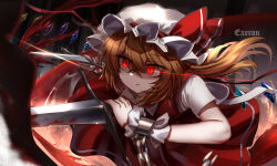 Rule 34 | 1girl, absurdres, blonde hair, blood, bloody weapon, commentary request, crystal, flandre scarlet, glowing, glowing eyes, hat, hat ribbon, highres, holding, holding sword, holding weapon, one side up, open mouth, red eyes, red ribbon, ribbon, short sleeves, signature, slit pupils, solo, sword, top-exerou, touhou, weapon, white hat, wings