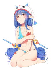 Rule 34 | 1girl, agnamore, bad id, bad pixiv id, barefoot, bikini, blue bikini, blue hair, blush, breasts, character request, collarbone, copyright request, full body, highres, long hair, looking up, navel, pointy ears, red eyes, simple background, sitting, small breasts, solo, swimsuit, very long hair, wariza, white background, white headwear