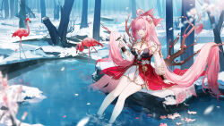 1girl animal bare_legs bell bird branch breasts cherry_blossoms cleavage dress elf elysia_(herrscher_of_human:_ego)_(honkai_impact) elysia_(honkai_impact) elysia_(peachy_spring)_(honkai_impact) flamingo flower forest hair_bell hair_between_eyes hair_flower hair_ornament highres holding holding_animal holding_bird honkai_(series) honkai_impact_3rd lake large_breasts long_hair long_sleeves nature outdoors pink_eyes pink_hair pointy_ears puffy_long_sleeves puffy_sleeves red_dress snowing very_long_hair yuuki_mix