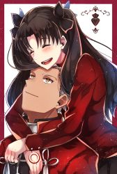 Rule 34 | 1boy, 1girl, archer (fate), black bow, black hair, blush, bow, couple, closed eyes, fate/stay night, fate (series), hair bow, highres, hug, hug from behind, long hair, looking up, mady (madine08260), open mouth, orange eyes, red sweater, silver hair, smile, sweater, tohsaka rin, twintails, two side up