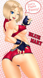 Rule 34 | 1girl, :d, ;d, ass, blonde hair, blue eyes, blue mary, breasts, character name, english text, fatal fury, fingerless gloves, gloves, highres, huge ass, large breasts, looking at viewer, neo geo, one eye closed, open mouth, shorts, signature, smile, snk, solo, speech bubble, teeth, the king of fighters, thumbs up, toned, underboob, wink, zonda (solid air)