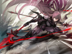 Rule 34 | 1girl, armor, bodysuit, breasts, crossed bangs, dual wielding, fate/grand order, fate (series), full body, gae bolg (fate), hair between eyes, high heels, highres, holding, holding polearm, holding spear, holding weapon, large breasts, long hair, nishiide kengorou, outstretched leg, parted lips, pauldrons, polearm, purple bodysuit, purple hair, red eyes, scathach (fate), shoulder armor, solo, spear, spread legs, thighs, weapon