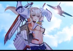 Rule 34 | 1girl, aircraft, airplane, armpits, arms behind head, ayanami (azur lane), azur lane, backlighting, blue skirt, blue sky, breasts, cloud, commentary request, crop top, day, detached sleeves, determined, headgear, letterboxed, long hair, looking at viewer, medium breasts, navel, neckerchief, nipple slip, nipples, outdoors, platinum blonde hair, pleated skirt, ponytail, retrofit (azur lane), rigging, sailor collar, shirt, sidelocks, skirt, sky, solo, standing, stomach, sugita ranpaku, sword, tied shirt, torpedo launcher, torpedo tubes, underboob, weapon, wide sleeves, yellow eyes, yellow neckerchief
