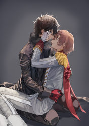 Rule 34 | 2boys, akechi gorou, amamiya ren, backlighting, black hair, brown hair, cezaria, coat, crying, crying with eyes open, epaulettes, eye contact, gloves, hand on another&#039;s face, highres, holding, holding person, kneeling, long sleeves, looking at another, male focus, messy hair, multiple boys, persona, persona 5, popped collar, red eyes, red gloves, sad, short hair, sitting, sitting on lap, sitting on person, tearing up, tears, white gloves, wiping tears, yaoi