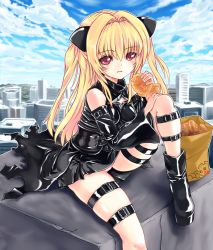 Rule 34 | 10s, 1girl, bag, bare shoulders, blonde hair, boots, cloud, day, detached sleeves, food, grocery bag, hair intakes, hair ornament, holding, konjiki no yami, long hair, puspus, red eyes, shopping bag, sitting, sky, solo, taiyaki, thigh strap, to love-ru, to love-ru darkness, wagashi