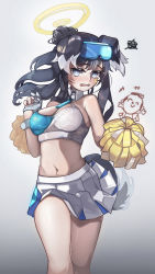 Rule 34 | 1girl, 1other, absurdres, animal ears, bare shoulders, black hair, blue archive, blue eyes, blush, breasts, cheerleader, cleavage, commentary, cowboy shot, crop top, facial mark, goggles, goggles on head, grey background, hibiki (blue archive), hibiki (cheer squad) (blue archive), highres, large breasts, long hair, looking at viewer, midriff, millennium cheerleader outfit (blue archive), miniskirt, navel, official alternate costume, open mouth, plabit, pom pom (cheerleading), revision, simple background, skirt, solo focus, standing, star (symbol), stomach, thighs, white skirt