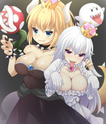 Rule 34 | 2girls, :d, armlet, black collar, black dress, black nails, blonde hair, blue eyes, blush, boo (mario), bowsette, bracelet, breasts, cleavage, collar, commentary request, dress, elbow gloves, fang, fingernails, frilled dress, frills, ghost pose, gloves, grey background, hair between eyes, jewelry, large breasts, long hair, luigi&#039;s mansion, maccha, mario (series), multiple girls, nail polish, new super mario bros. u deluxe, nintendo, open mouth, parted lips, piranha plant, princess king boo, puffy short sleeves, puffy sleeves, purple eyes, sharp teeth, short sleeves, smile, spiked armlet, spiked bracelet, spiked collar, spiked tail, spikes, strapless, strapless dress, super crown, tail, tail raised, teeth, tongue, tongue out, very long hair, white dress, white gloves, white hair