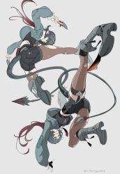 1girl black_hair black_thighhighs fingerless_gloves gloves grey_background jane_doe_(zenless_zone_zero) jumping kicking mouse_tail multiple_views niihatigounana simple_background tail thigh_strap thighhighs torn_clothes torn_thighhighs zenless_zone_zero