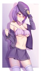 Rule 34 | 1girl, adjusting clothes, adjusting headwear, beret, blush, braid, breasts, chestnut mouth, clenched hand, eltnum, fingerless gloves, gloves, hand up, hat, highres, jacket, long hair, medium breasts, melty blood, midriff, navel, purple background, purple eyes, purple hair, purple skirt, single braid, sion eltnam atlasia, skirt, solo, soukitsu, sweatdrop, thighhighs, tsukihime, twitter username, under night in-birth, underboob, very long hair, white thighhighs