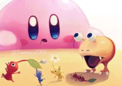 Rule 34 | black eyes, blue eyes, blue pikmin, blush stickers, bulborb, colored skin, crossover, drooling, fangs, flower, kirby, kirby (series), leaf, nintendo, no humans, no mouth, nostrils, open mouth, pikmin (creature), pikmin (series), pointy ears, pointy nose, red pikmin, running, saliva, suyasuyabi, yellow pikmin