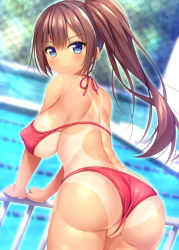 Rule 34 | 1girl, against railing, aikawa tatsuki, ass, bikini, blue eyes, blurry, blurry background, blush, breasts, brown hair, commentary request, covered erect nipples, day, dutch angle, large breasts, leaning forward, long hair, looking at viewer, looking back, one-piece swimsuit, one-piece tan, original, outdoors, pool, pussy, railing, red bikini, school uniform, side ponytail, sideboob, sidelocks, smile, solo, standing, swimsuit, tan, tanline
