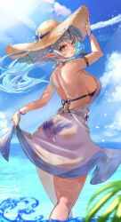Rule 34 | 1girl, armband, ass, aya tarou, backless dress, backless outfit, bare shoulders, bikini, bikini under clothes, blue bikini, blue hair, blurry, blurry foreground, bracelet, breasts, closed mouth, dress, feet out of frame, flower, from behind, halter dress, halterneck, hat, highres, holding, holding clothes, holding hat, hololive, jewelry, kneepits, large breasts, long hair, looking at viewer, looking back, multicolored hair, ocean, pointy ears, see-through, shoulder blades, sideboob, skirt hold, sky, smile, straw hat, streaked hair, string bikini, sunlight, swimsuit, virtual youtuber, wading, walking, water, wet, wet clothes, white dress, yellow eyes, yukihana lamy