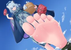 absurdres animal_ears barefoot blue_archive blue_eyes blue_halo blue_kimono bucket c1_comb3r carrying giant giantess greek_toe halo hand_fan highres japanese_clothes kimono nail_polish shigure_(blue_archive) shrinking size_difference soles toes wooden_bucket